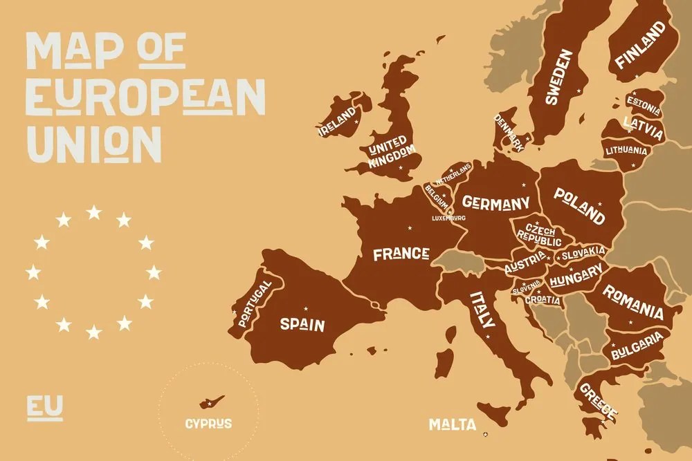 Obraz moderná mapa Európskej únie v hnedom prevedení - 60x40