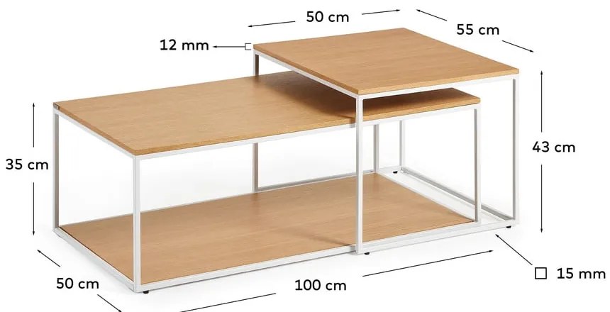 Konferenčné stolíky v súprave vo svetloprírodnej farbe 2 ks s doskou v dubovom dekore 50x100 cm Yoana – Kave Home