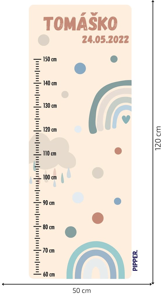 50x120cm Detský meter s menom - Dúha 2 - textilná nálepka na stenu