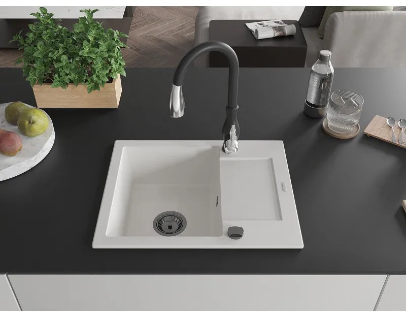 Mexen Enzo, 1-komorový granitový drez 576x465x174 mm a drezová batéria Savita, biela, 6506-20-672601-70
