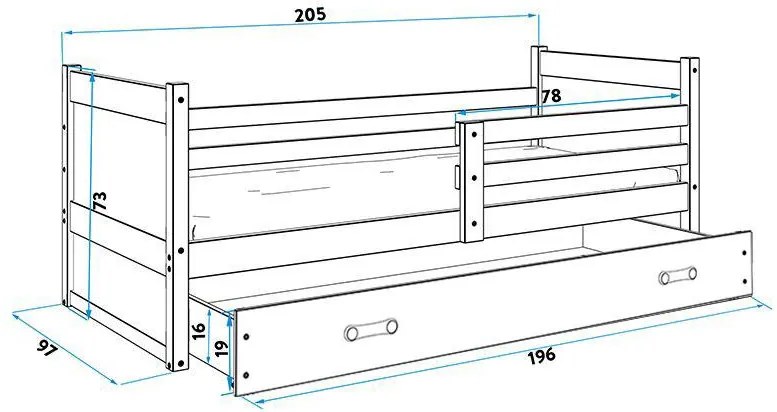 Posteľ RICO 1 - 200x90cm - Borovica - Grafitový