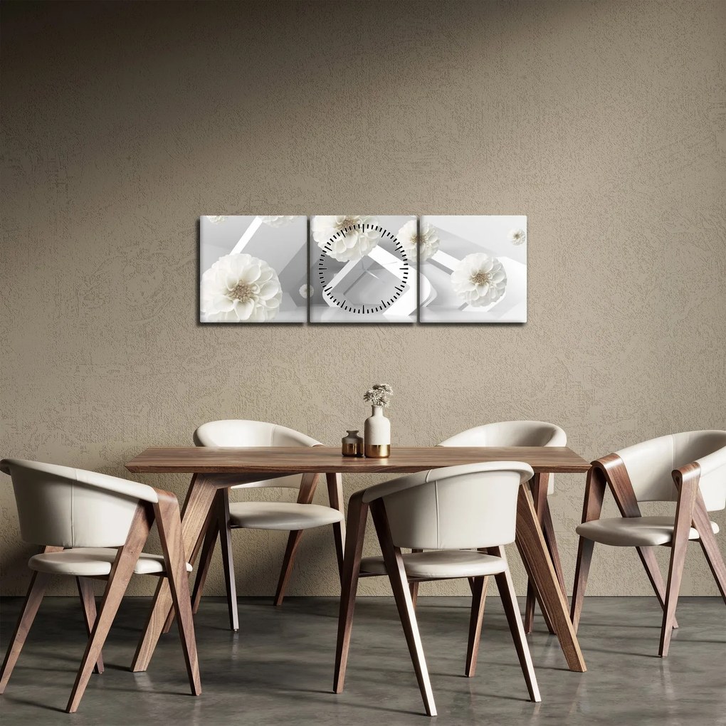 Abstraktný obraz s belostnými kvetmi (s hodinami) (90x30 cm)