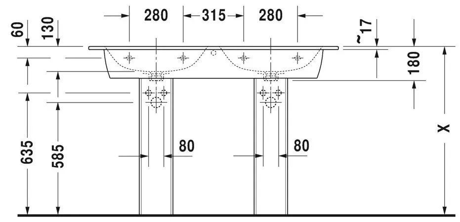Duravit ME by Starck - Dvojumývadlo do nábytku 1300x490 mm, s prepadom, biela 2336130000