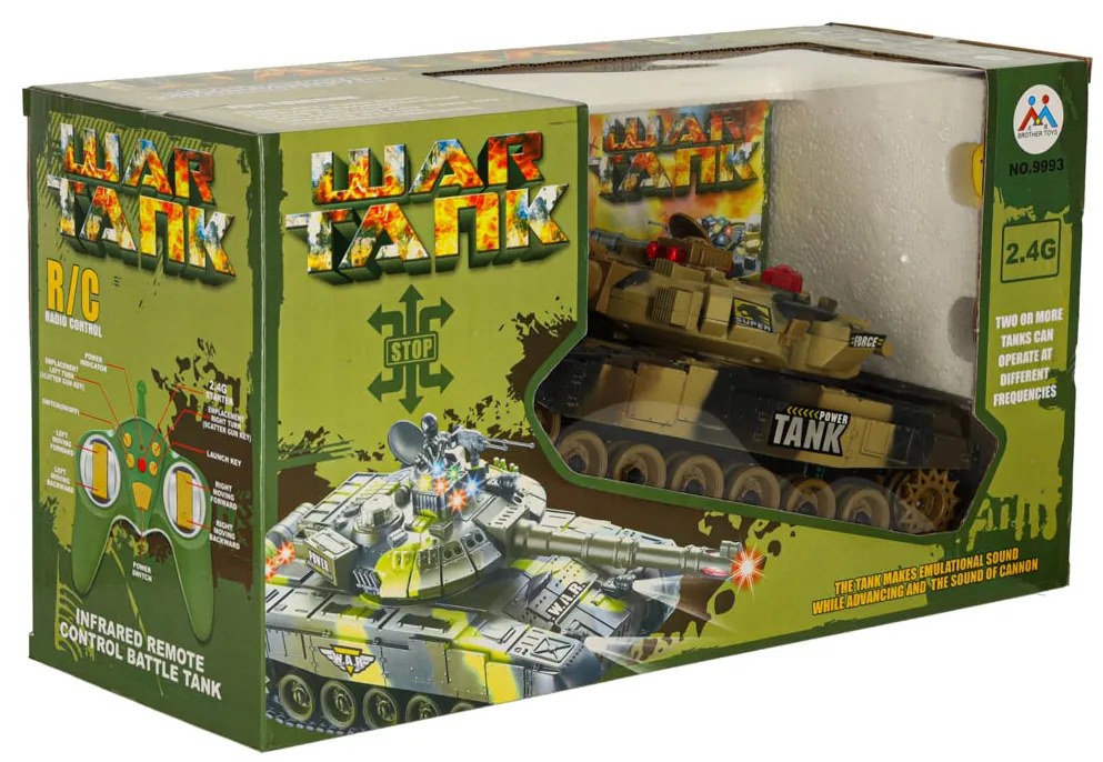 KIK Diaľkovo ovládaný RC vojenský tank 2,4 GHz, púštny, 360° veža, realistické zvuky a LED