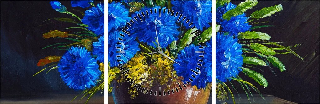 Obraz modrých kvetov vo váze (s hodinami) (90x30 cm)