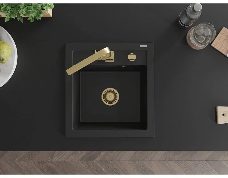 Mexen Vito, 1-komorový granitový drez 520x490x210 mm, zlatá batéria Rita, čierna, 6503-77-670300-50