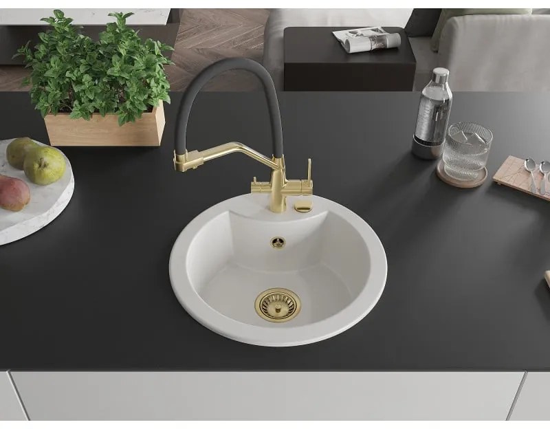 Mexen Diego, 1-komorový granitový drez 488x488x167 mm a drezová batéria Duo, biela, 6512-20-671701-57-G