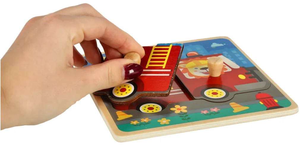 KIK Drevené puzzle Hasičský zbor pre deti – veľké dieliky s rúčkou, bezpečné