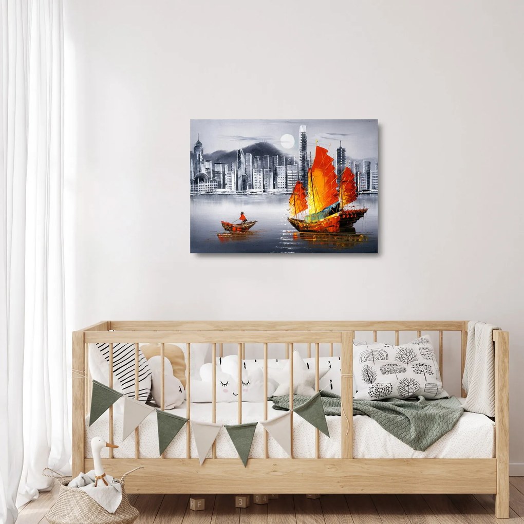 Sklenený obraz - Victoria Harbor, Hong Kong, čiernobiela olejomaľba (70x50 cm)