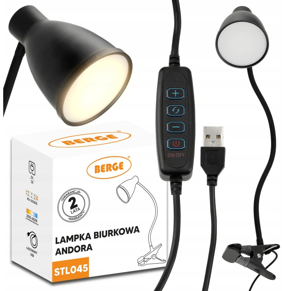 BERGE Andora LED stolná lampa s klipom 1xE27 čierna