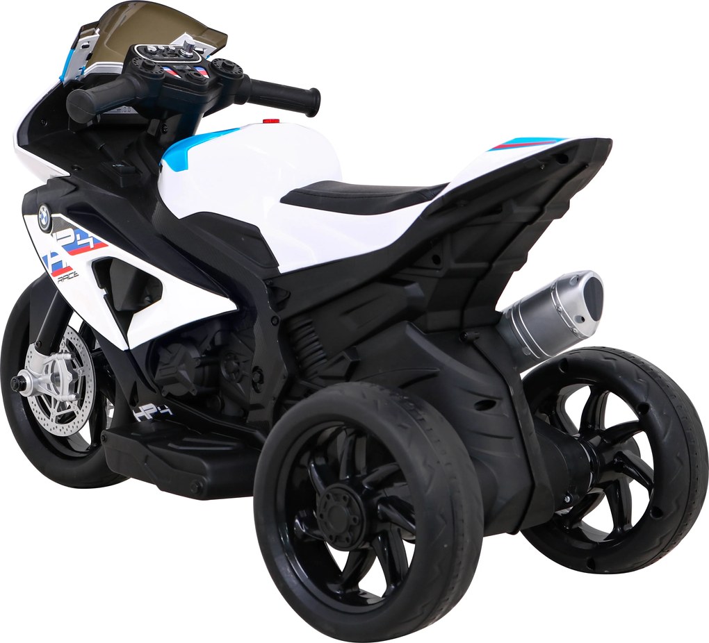 Ramiz BMW HP4 Detský motocykel na batérie biely + 3 kolieska + LED + MP3 USB + ekokoža