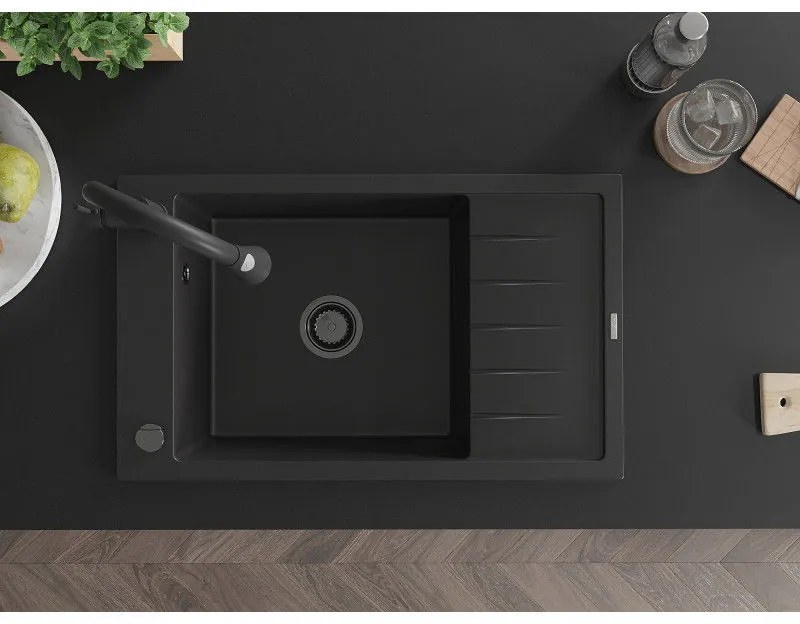Mexen Elias, 1-komorový granitový drez 795x480x200 mm a drezová batéria Elia, čierna, 6511-77-670101-70-B