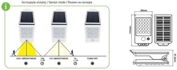 ACA Lighting LED solárne svietidlo ELISA so senzorom pohybu 2W/4000K/200Lm/IP65/Li-on 3,7V/1mAh, biele