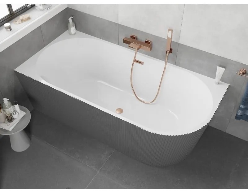 Mexen Silo, rohová voľne stojaca ryhovaná vaňa, ľavá, 170 x 80 cm, biela-šedá, medený matný prepad, 52891708062L-65
