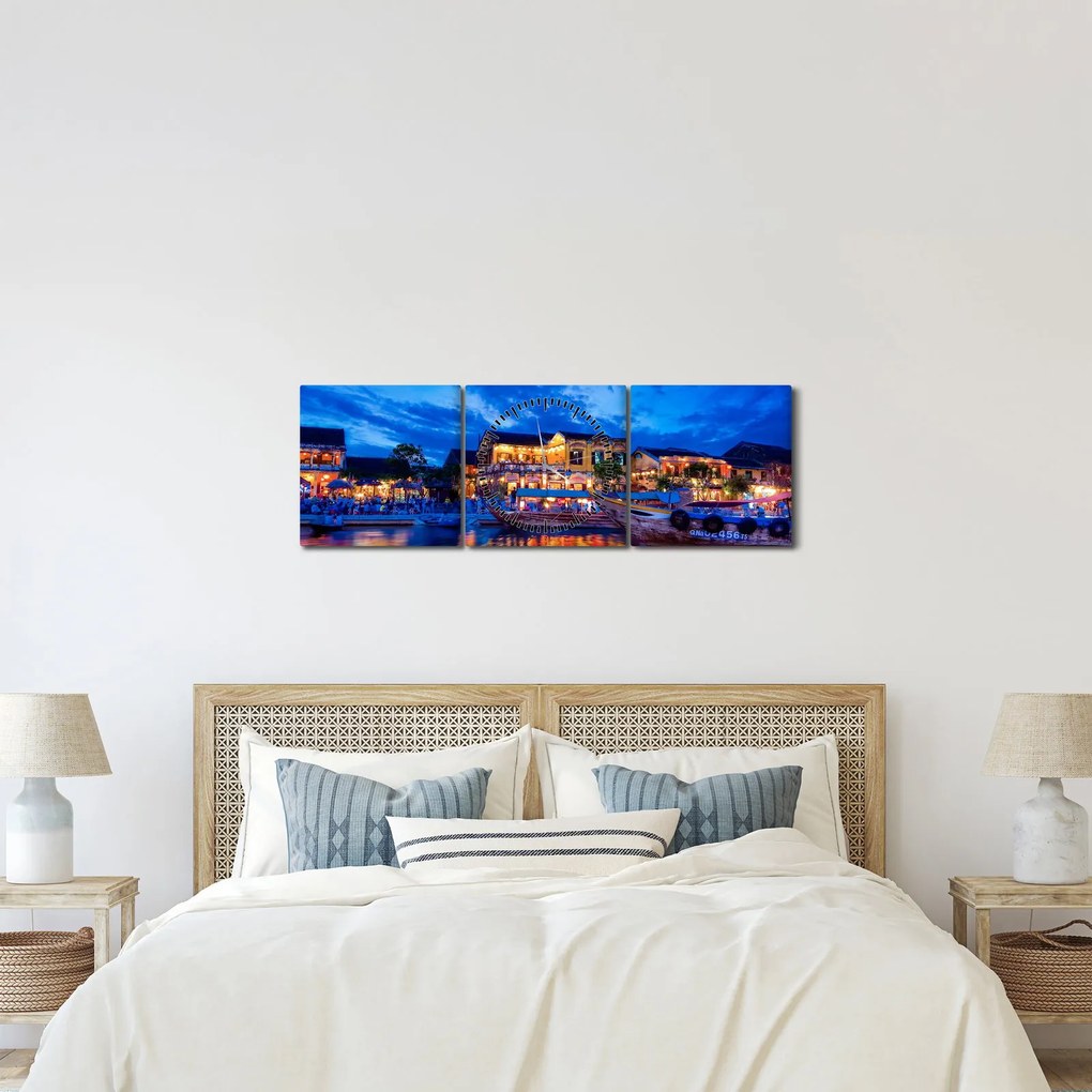 Obraz nočného mesta Hoi An, Vietnam (s hodinami) (90x30 cm)