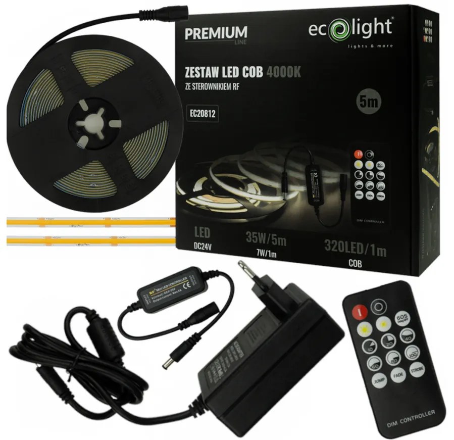 ECOLIGHT COB LED pásik 35W - 24V - 320 - 5M - 4000k - neutrálna farba + diaľkový ovládač