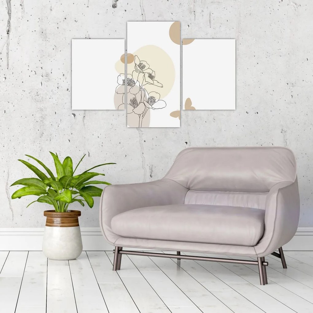Obraz - Béžové kvety s motýľom N⁰4 (90x60 cm)