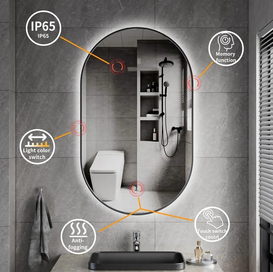 Erga Freya, oválne LED zrkadlo 60x100cm v čiernom kovovom ráme, 3 farby svetla, zadné osvetlenie, vyhrievacia podložka proti zapareniu, ERG-V01-FREYA-6010-BK