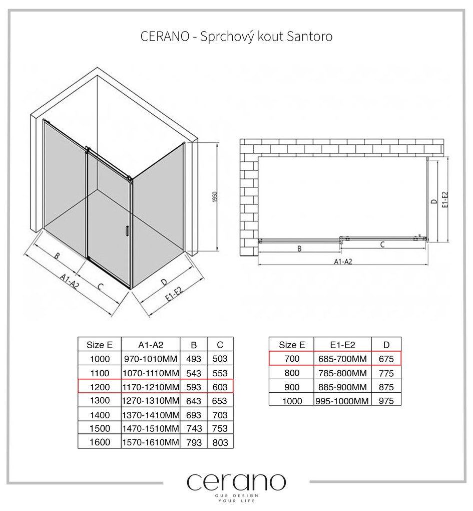 CERANO - Sprchovací kút Santoro Ľ/P - 8 mm - čierna matná, grafitové sklo - 120x70 cm - posuvný, CER-CER-8050BD7298