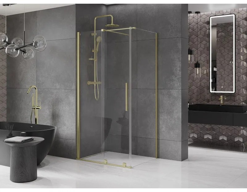 Mexen Velar, sprchový kút s posuvnými dverami 100(dvere) x 120(stena) cm, 8mm číre sklo, zlatá matná, 871-100-120-01-55