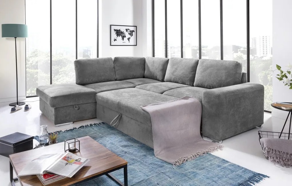 Rohová sedacia súprava Eddi, stredne šedá látka, ľavý roh