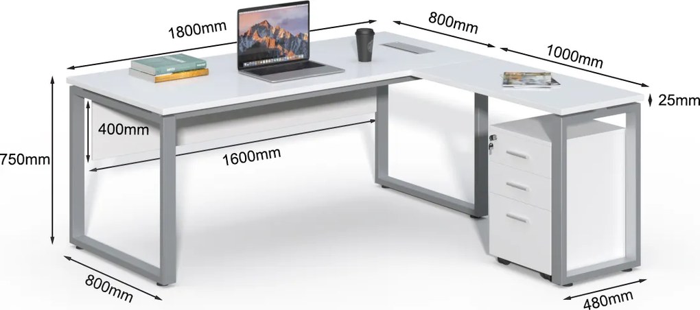 Rohový kancelársky stôl s kontajnerom Houseland Prime Home 01 180 cm biely