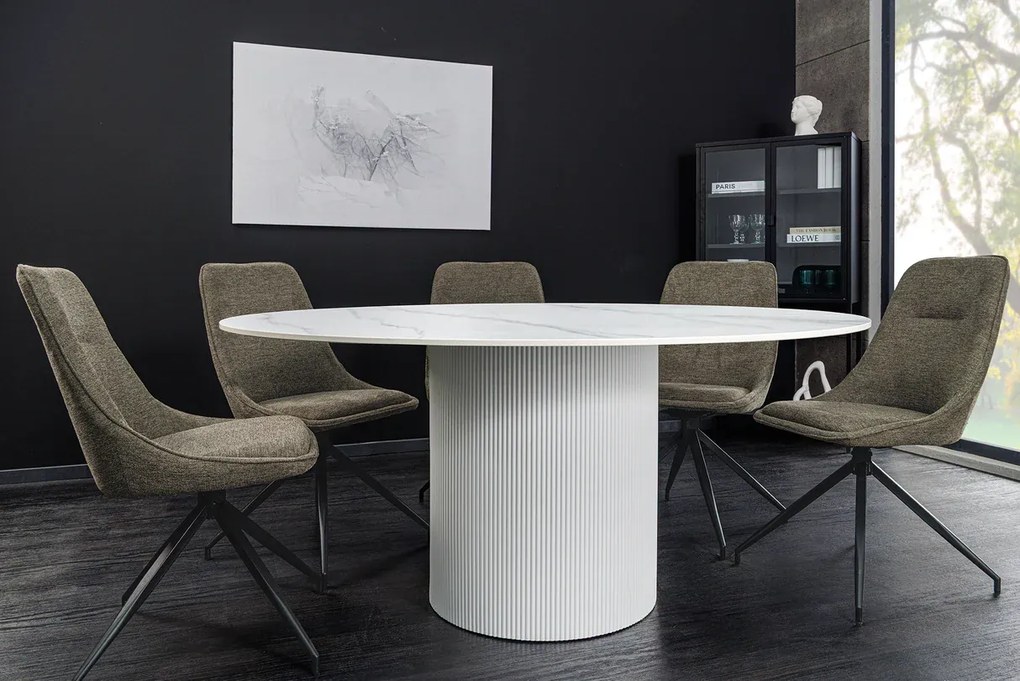 Jedálenský stôl UNIQUE 120 cm okrúhly s bielym rámom, keramickou doskou z bieleho mramoru