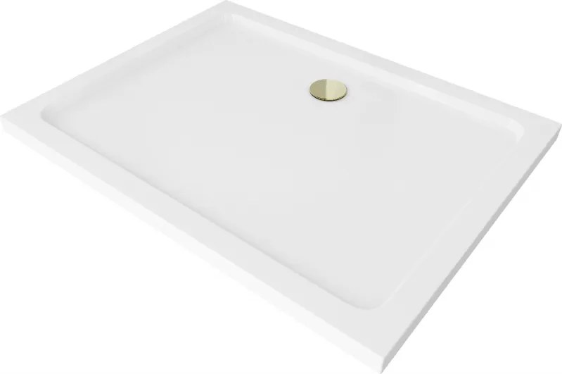 Mexen SLIM - Obdĺžniková sprchová vanička 80x70x5cm + zlatý sifón, biela, 40107080G