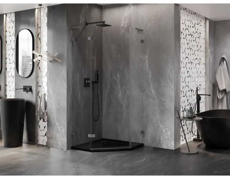 Mexen Lunar, L päťuholníkový sprchový kút naklápací doľava 80x80 cm, 8mm číre sklo, profil grafit brúsený, 831L-080L-080P-66-00-L