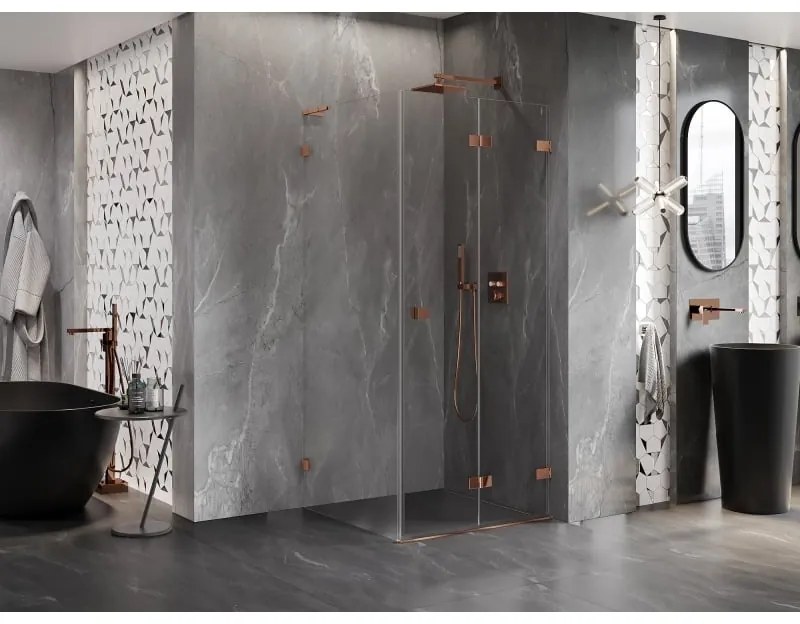 Mexen Lunar-F L, 1-krídlový sprchový kút so skladacími dverami, pravý, 80 x 80 cm, 8mm číre sklo, ružové zlato profil, 836L-080-080-60-00-P