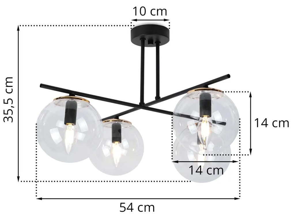 Stropné svietidlo PARIS, 4x transparentné sklenené tienidlo, G