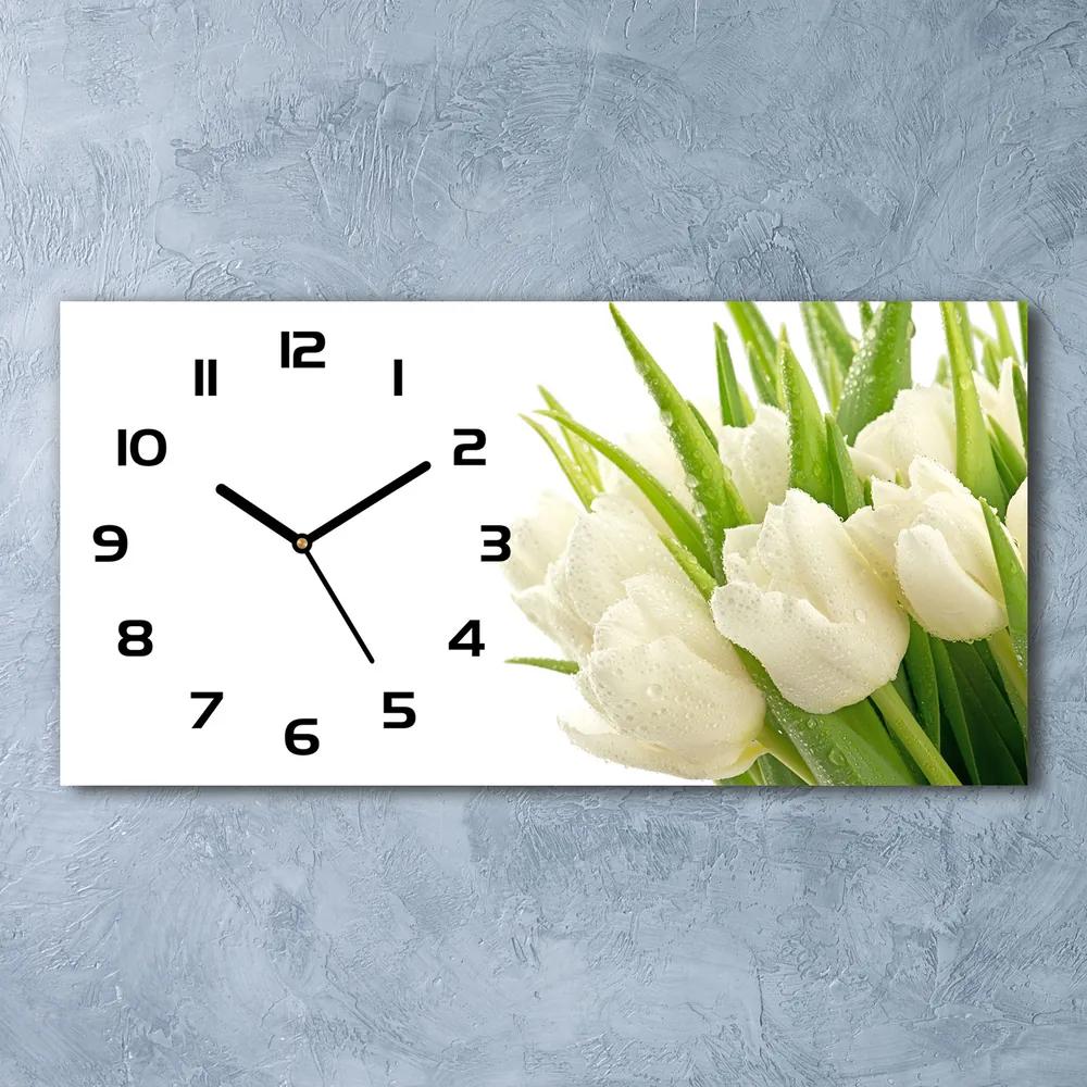 Sklenené hodiny na stenu tiché Biele tulipány pl_zsp_60x30_f_49549577