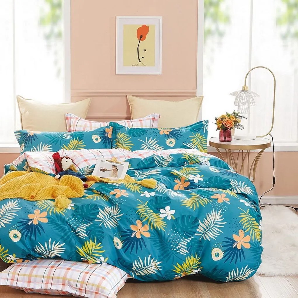 Farebné obojstranné modré posteľné obliečky s motívom kvetov