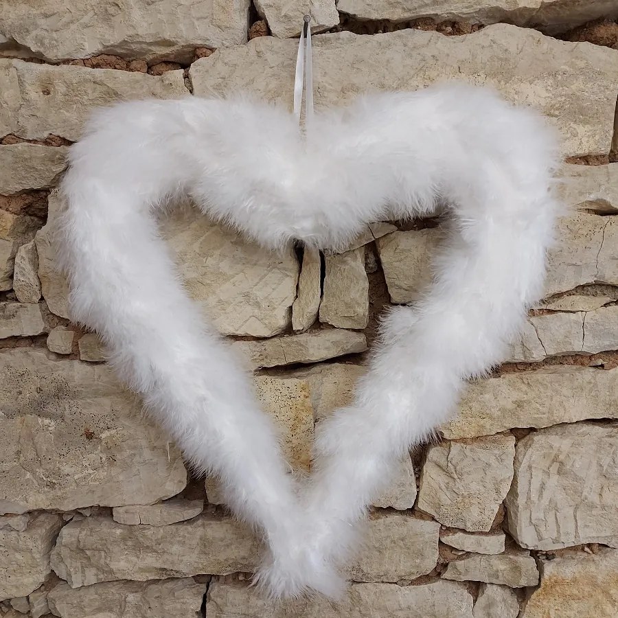 DECOLED Srdce z peria, 37 cm, biele