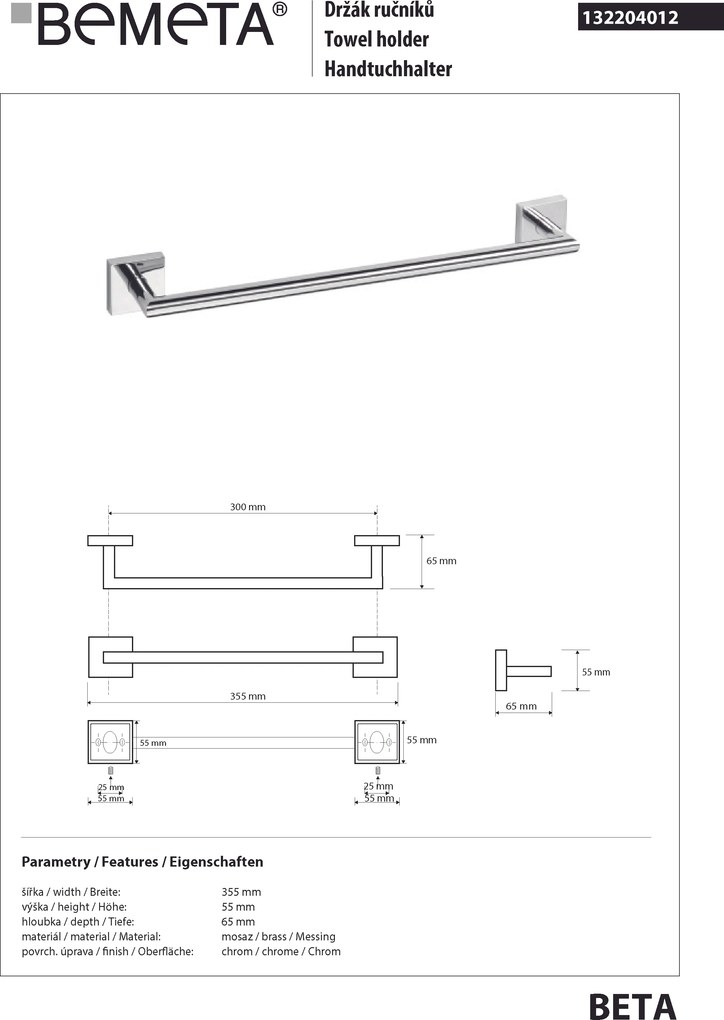 Bemeta Design BETA: Držiak uterákov, 300 mm - 132204012