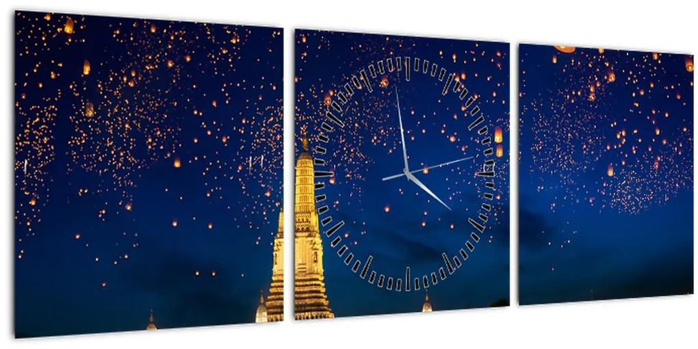 Obraz - Lampióny šťastia, Bangkok (s hodinami) (90x30 cm)