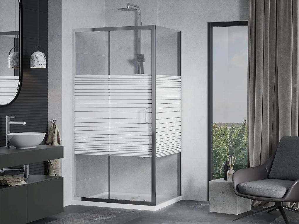 Mexen APIA, sprchový kút s posuvnými dverami 110 (dvere) x 90 (stena) cm, 5mm číre-pásy sklo, chrómový profil + slim sprchová vanička 5cm, 840-110-090-01-20-4010