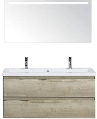 Kúpeľňový nábytkový set Evora 120 cm s keramickým umývadlom 2 otvormi na kohúty a zrkadlom s LED osvetlením dub prírodný