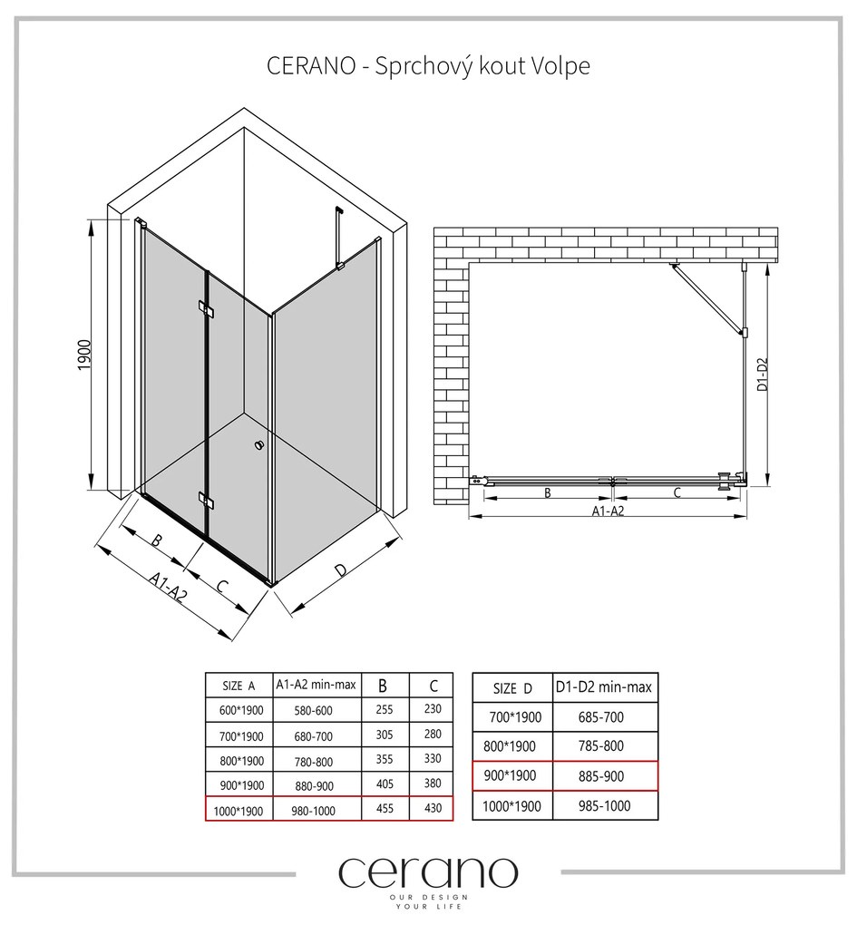 Cerano Volpe, sprchovací kút so skladacími dverami 100(dvere) x 90(stena), 6mm číre sklo, čierny profil, CER-CER-427345