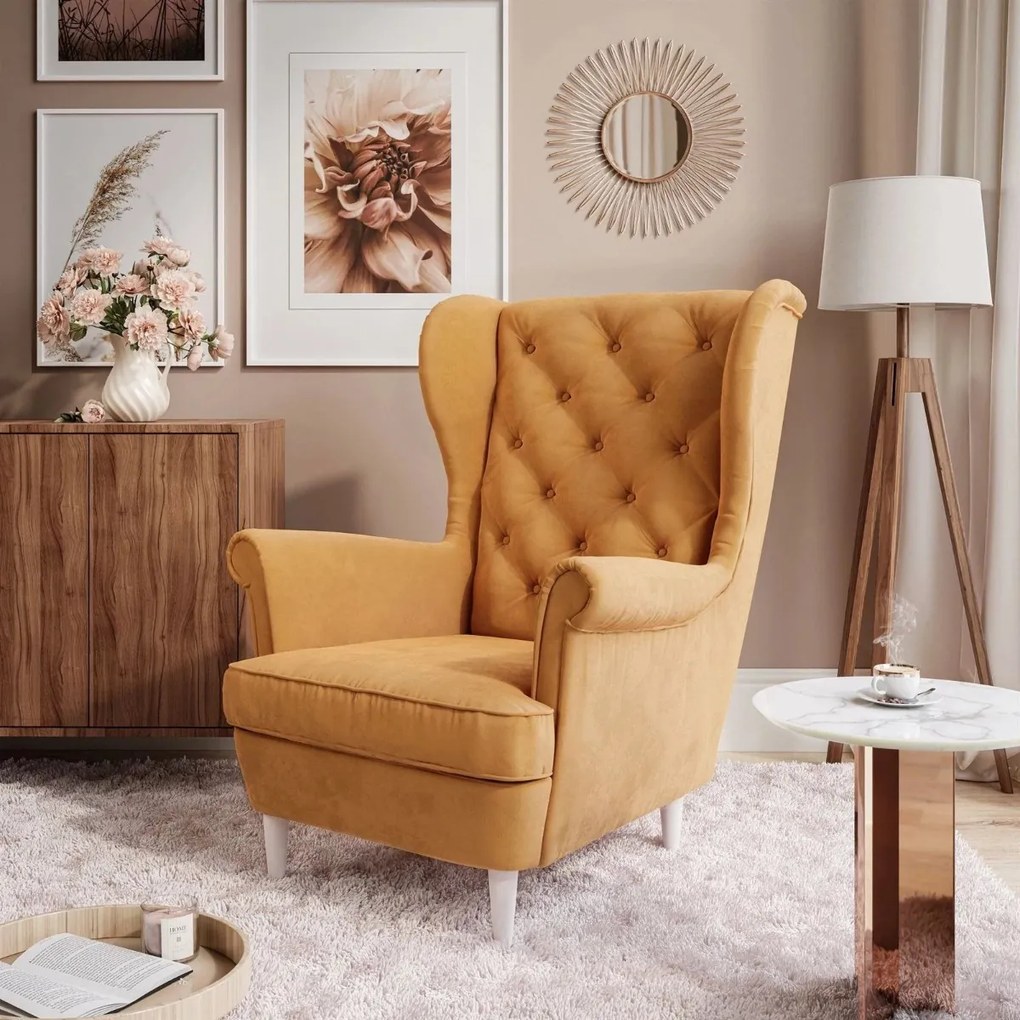 KRESLO UŠIAK BRUNO CHESTERFIELD BIELE ROVNÉ NOHY