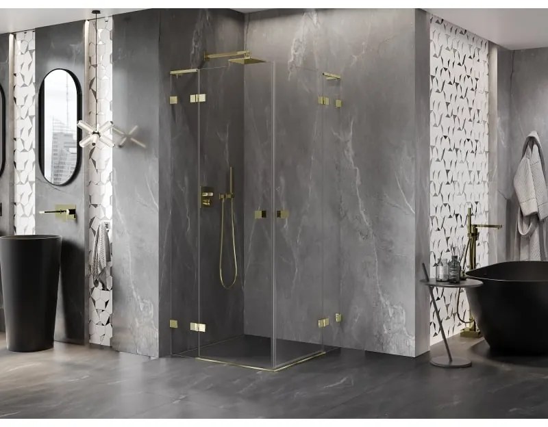 Mexen Lunar, L Duo výklopný sprchový kút 80 x 80 cm, 8mm číre sklo, zlatý profil, 834L-080L-080P-50-00
