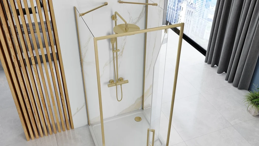 Rea Rapid Swing, 3-stenový sprchovací kút 90(dvere) x 80(stena) x 195 cm, 6mm číre sklo, zlatý matný profil, KPL-02520