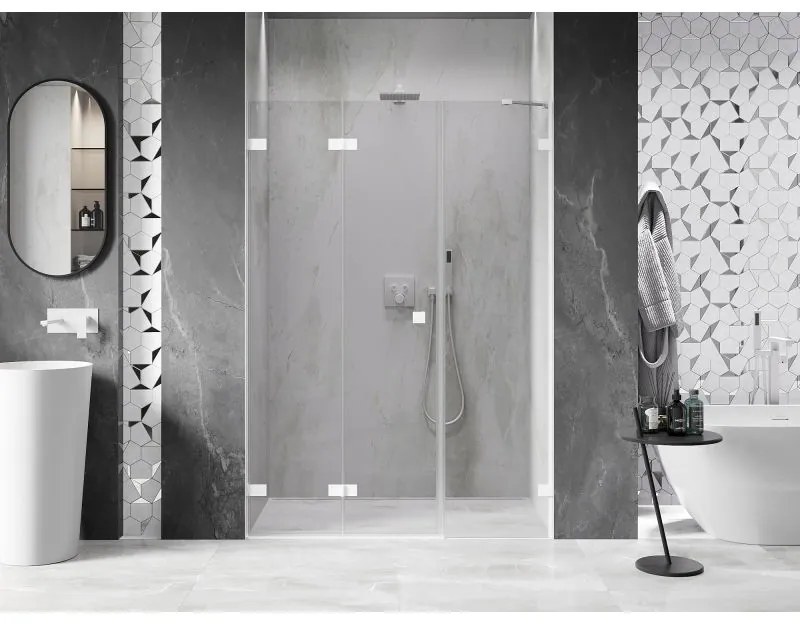 Mexen Lunar-F, skladacie ľavé sprchové dvere 130 cm, 8mm číre sklo, biely profil, 836S-130-050-20-00-L