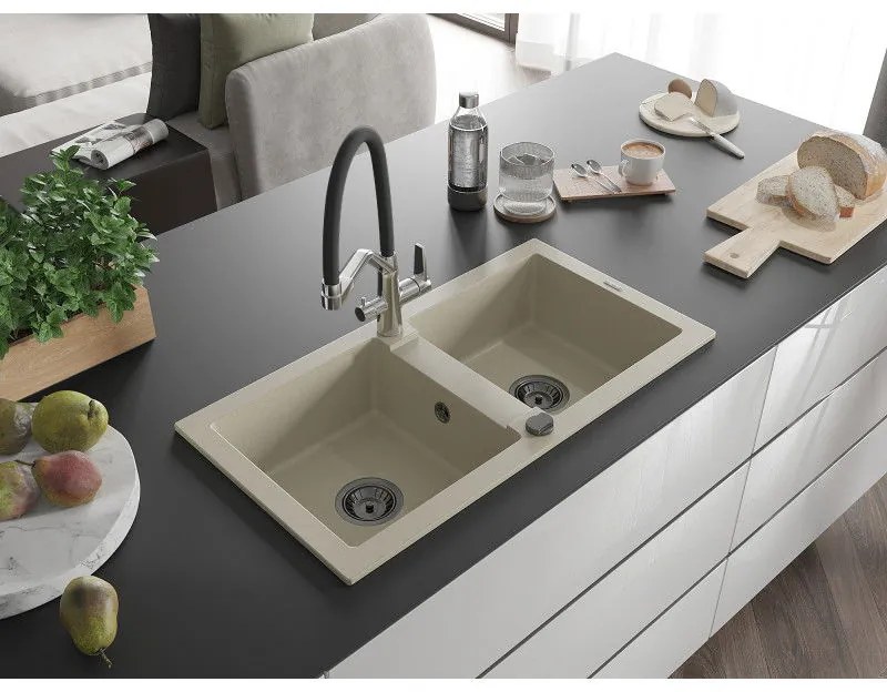 Mexen Mario, granitový drez 820x436x161 mm, 2-komorový a drezová batéria Duo, béžová, 6504-69-671701-07-B