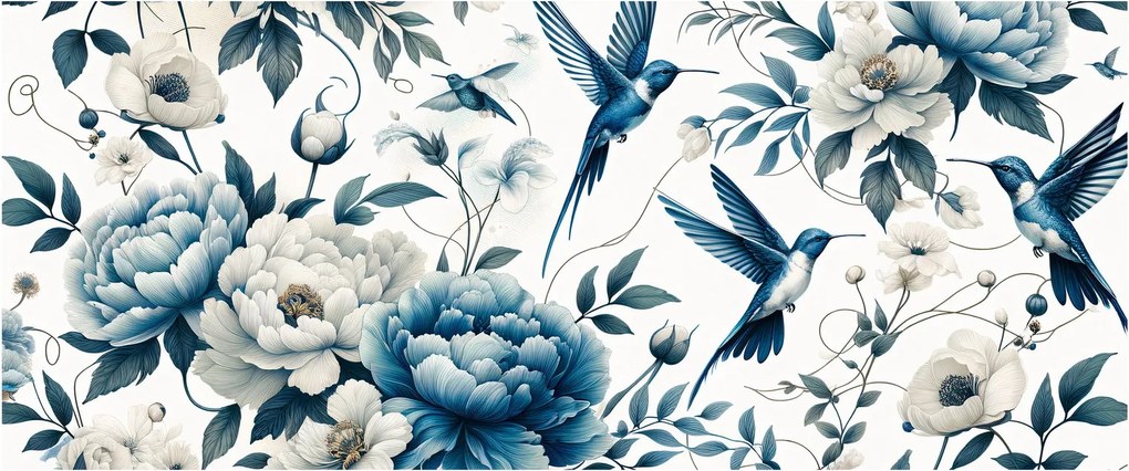 Obraz - Kolibríky s kvetmi (120x50 cm)