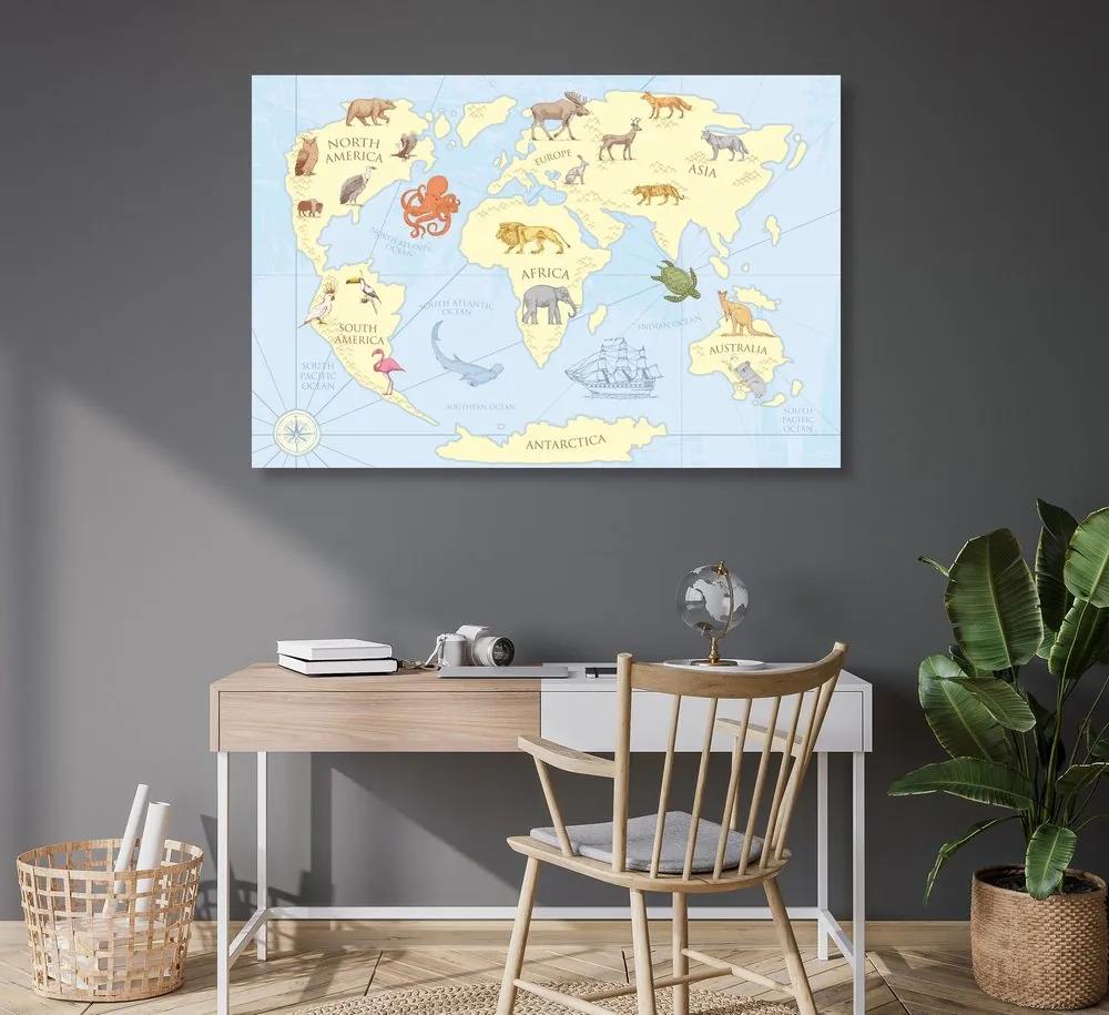 Obraz na korku kreslená mapa sveta s zvieratami