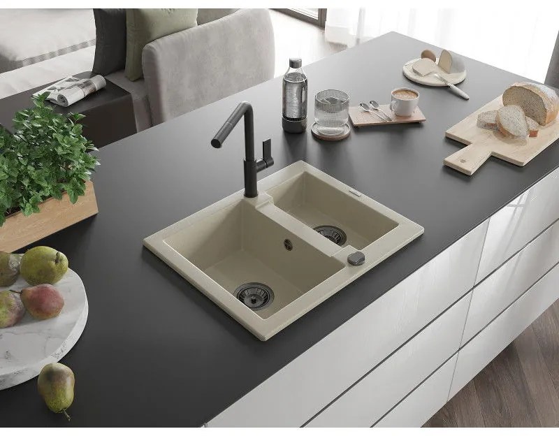 Mexen Carlos, 1,5-komorový granitový drez 582x475x177 mm a drezová batéria Flora, béžová, 6518-69-670401-70-B