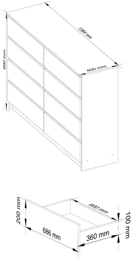 Komoda Kuba 140 cm 8 zásuviek dub artisan/biela