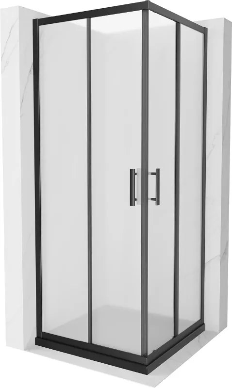 Mexen Rio, štvorcový sprchovací kút s posuvnými dverami 80(dvere) x 80(dvere) x 190 cm, 6mm sklo námraza, čierny profil + čierna sprchová vanička SLIM, 860-080-080-70-30-4070B