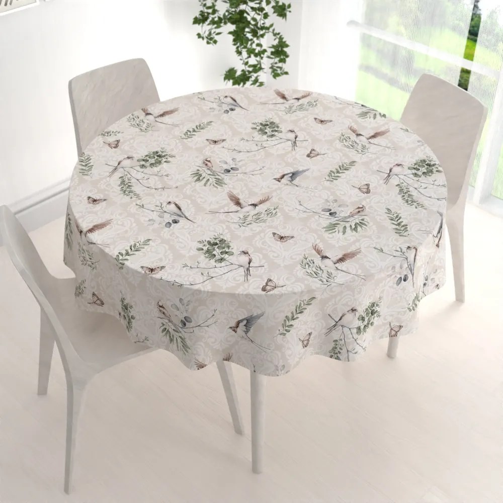 Biante Bavlnený okrúhly obrus Sandra SA-490 Lastovičky s motýlikmi na béžovom ornamente Ø 140 cm